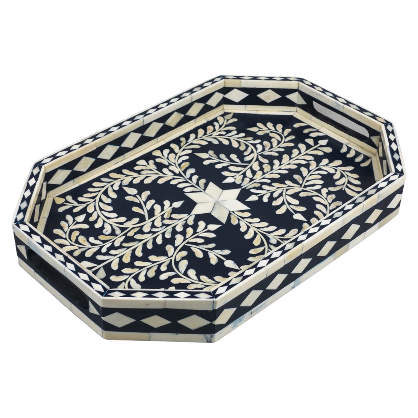 Bone Inlay Tray Floral Hexa- Dark Blue