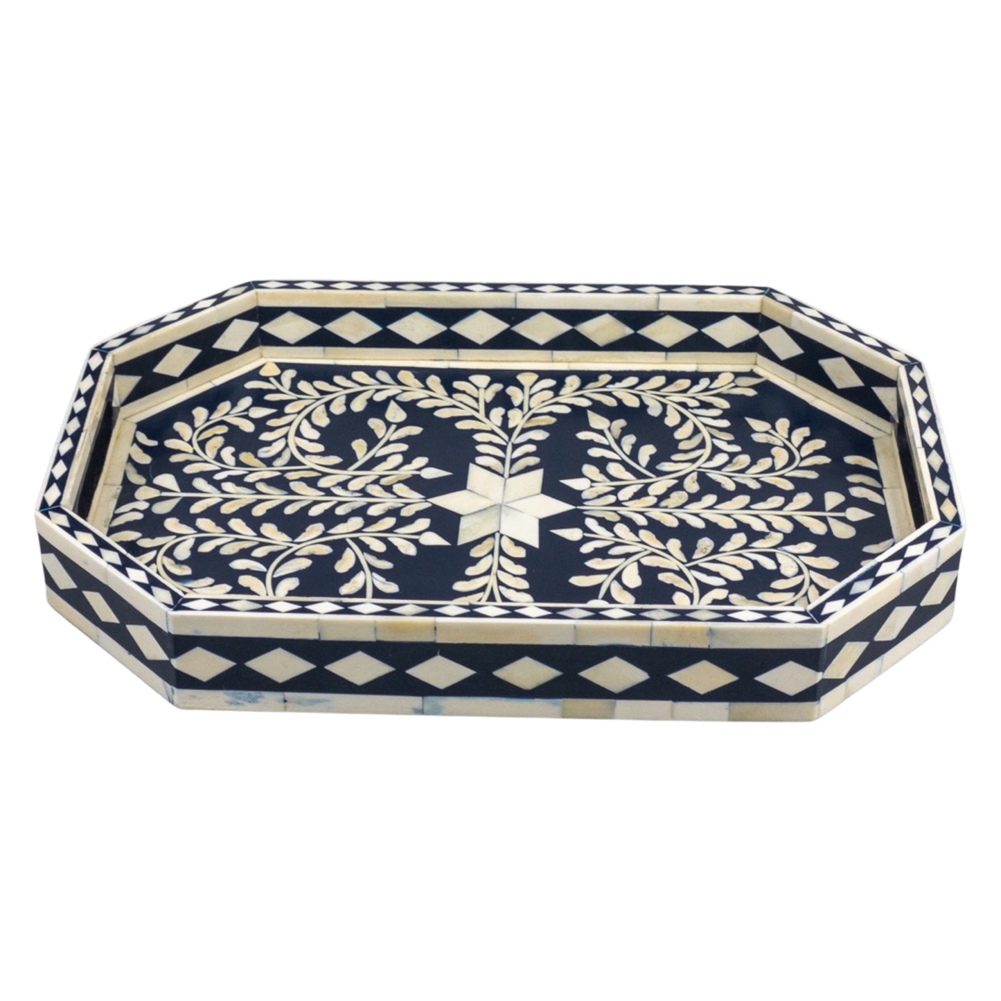 Bone Inlay Tray Floral Hexa- Dark Blue