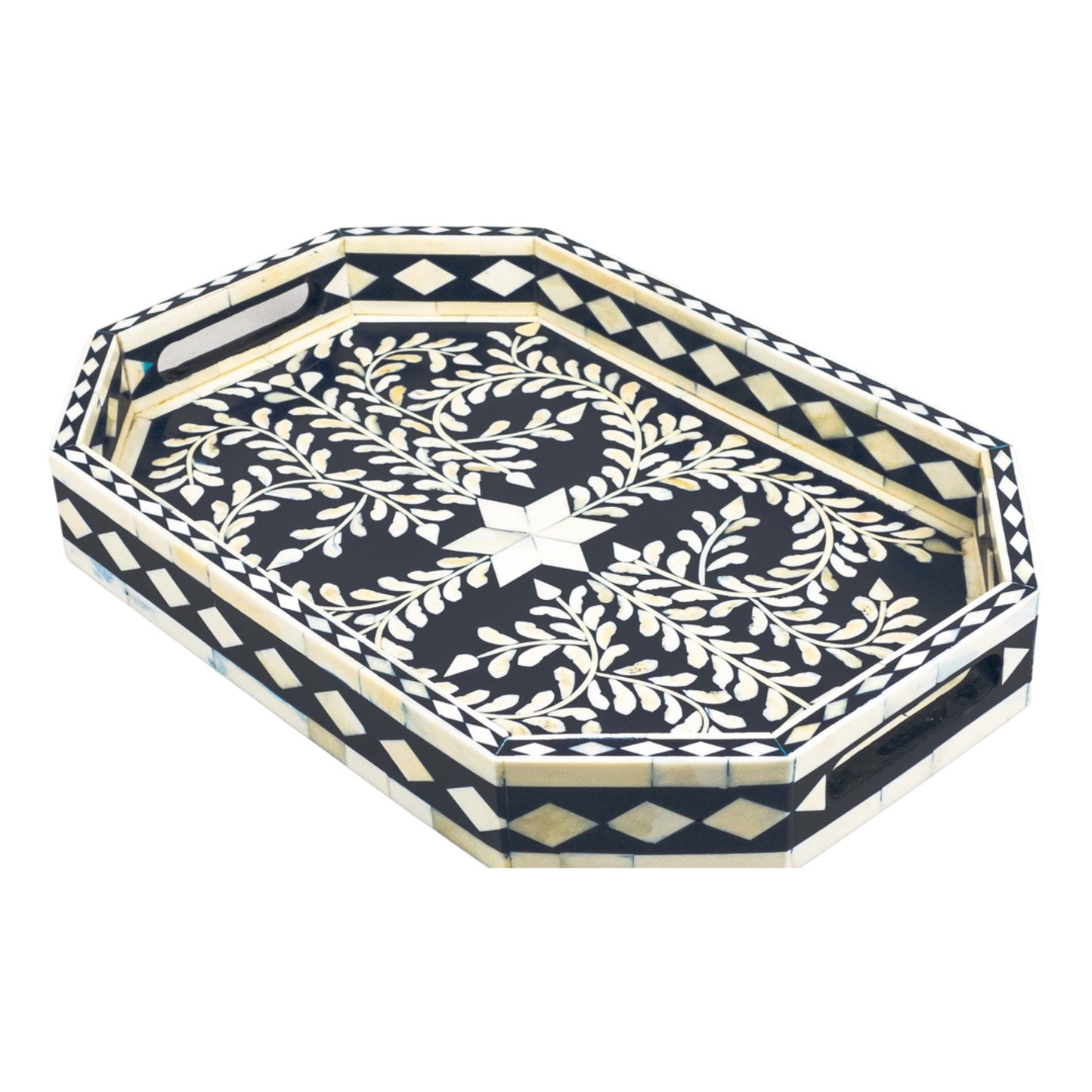 Bone Inlay Tray Floral Hexa- Dark Blue