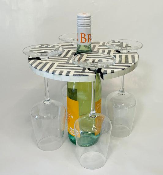 Wine Caddy Four Glasses - Bone Inlay Grey Stripes