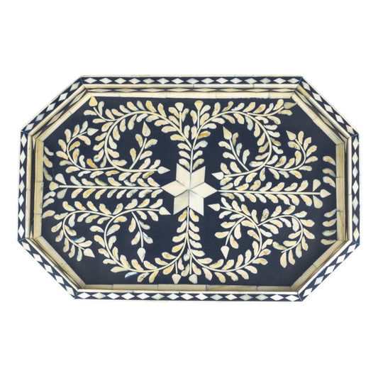 Bone Inlay Tray Floral Hexa- Dark Blue
