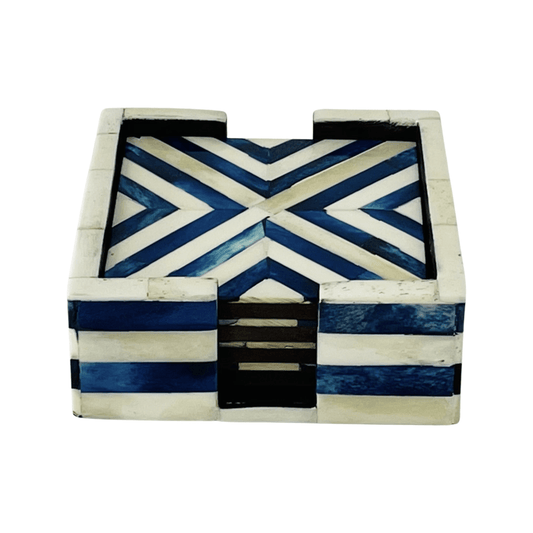 Bone Inlay Coaster with holder - Antique Blue Stripped - DCOR