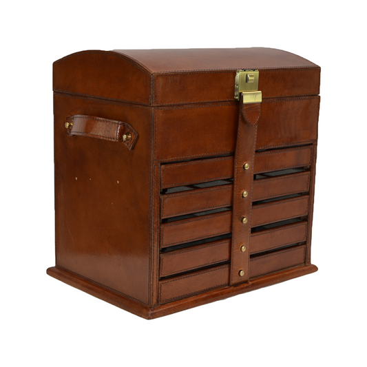 Leather Jewellery Box with Six Sections - Tan - DCOR