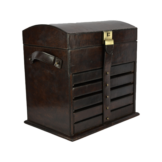 Leather Jewellery Box with Six Sections - Dark Brown - DCOR