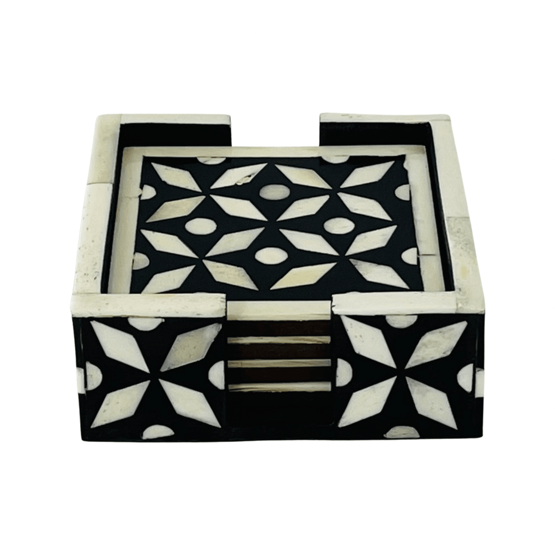 Bone Inlay Coaster with holder - Geometrical Black - DCOR