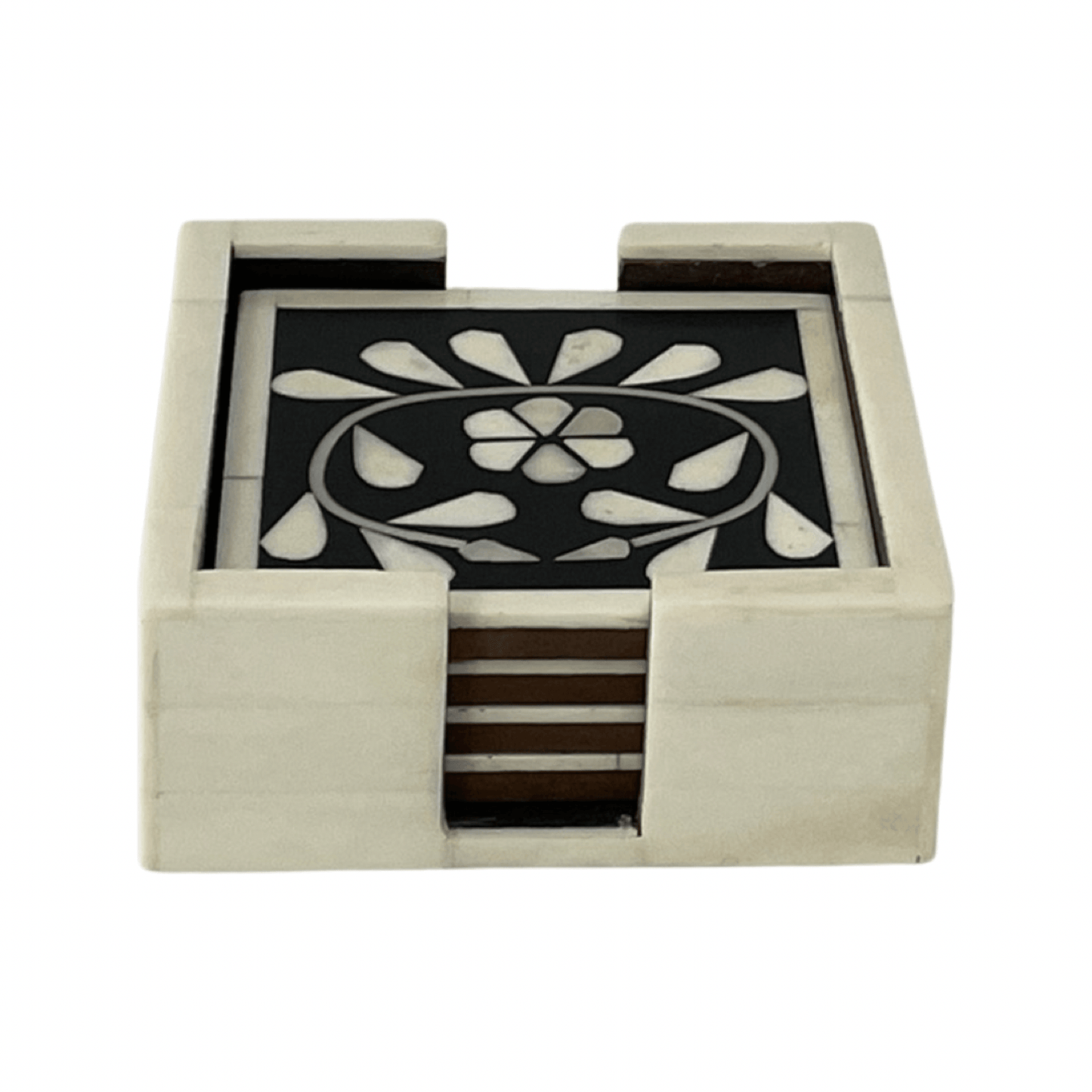 Bone Inlay Coaster with holder - Floral Black - DCOR